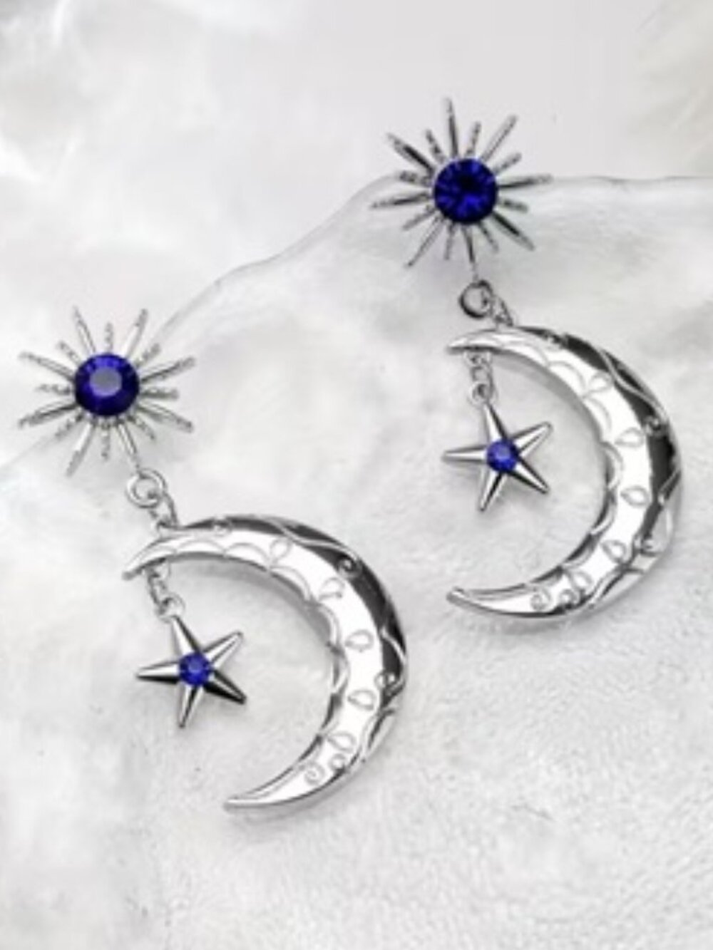 DESIGNER Celestial Silver Crescent Moon & Star Sapphire Blue Crystal Earrings